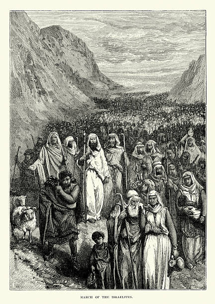 Vintage engraving showing the March of the Israelites. From The Book of Numbers, the fourth book of the Hebrew Bible, and the fourth of five books of the Jewish Torah.