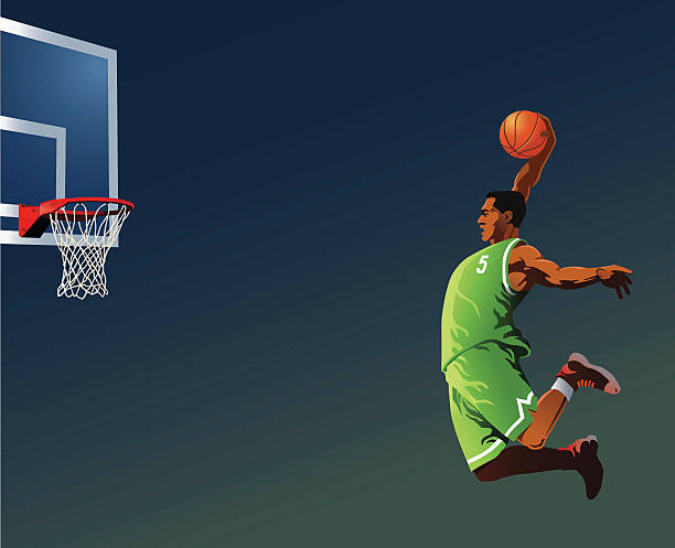 Basketball Player Slamdunking All images are placed on separate layers. They can be removed or altered if you need to. Some gradients were used. No transparencies. silhouette of basketball player slam dunk stock illustrations