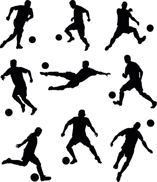 Set of Soccer Players Silhouettes All images are placed on separate layers. They can be removed or altered if you need to. No gradients were used. No transparencies.  midfielder stock illustrations