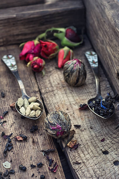 istock Accessories for tea in a vintage wooden box 495617184