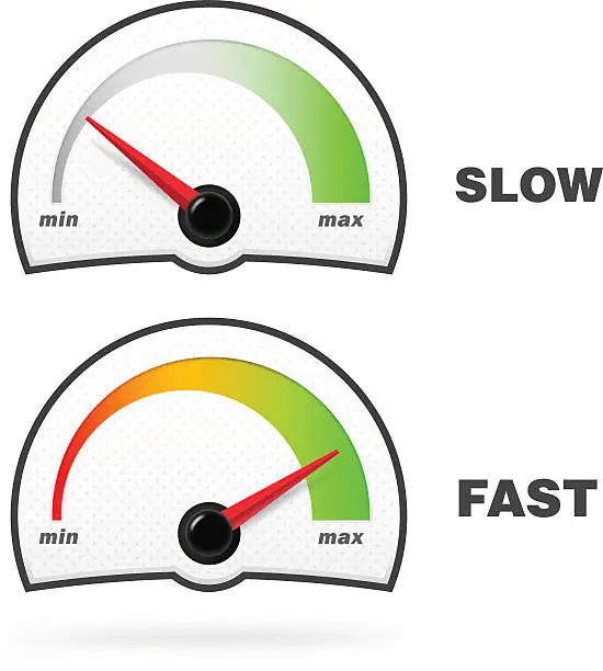 Vector illustration of Slow and fast speedometer with red arrow on white background.
