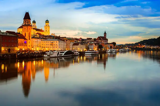 Sunset view of the historical center of Passau from a bridge on the Danube. Bavaria, Germany