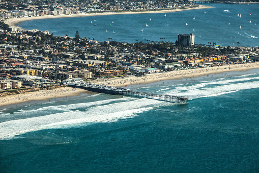 Aerial shot of Mission Bay in San Diego and Crystal Pier in Pacific Beach.