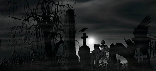 istock Dark Angel at a graveyard on a foggy night 495622796