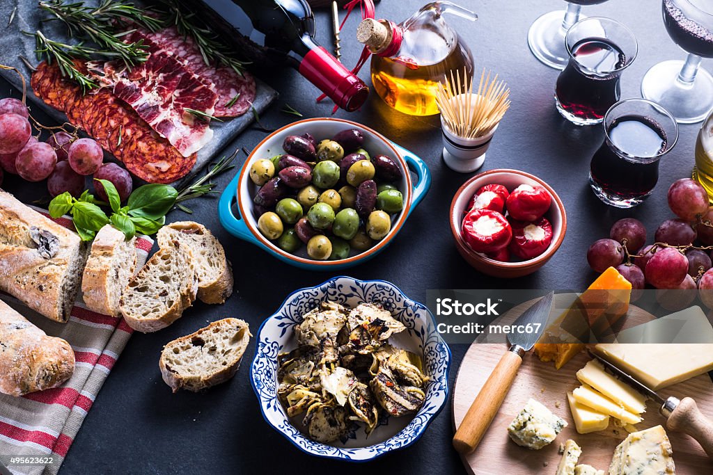Traditional tapas selection Traditional tapas selection from above Tapas Stock Photo