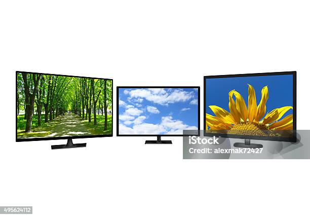 Three Modern Tv Set With Different Images Stock Photo - Download Image Now - 25-29 Years, Computer Monitor, Flat Screen