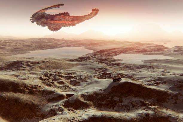 istock Alien spaceship flying over Martian landscape with water 495624952