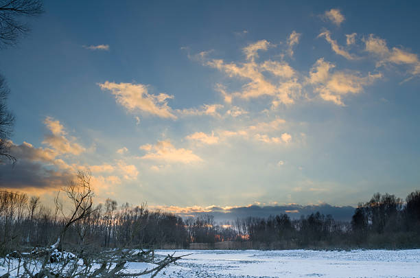 istock Snowy Winter Danube Backwater Landscape after Sunset 495625736
