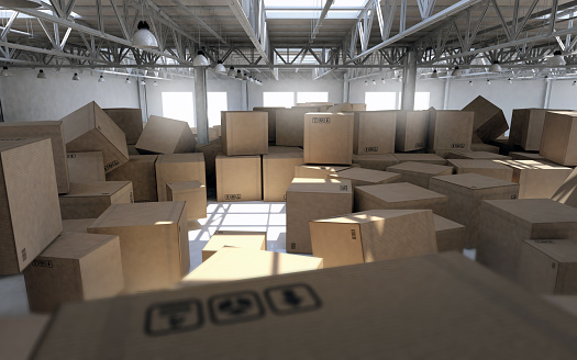 Indoor view of a messy warehouse building full of goods and merchandise looking abandoned, with broken cardboard boxes. Many boxes are thrown away in the large storage room creating chaos and confusion. Business problems and failure inside a large industrial space for storage, freight distribution and shipping services. Digital generated image. Icons, barcodes and symbols are for illustration purpose only.