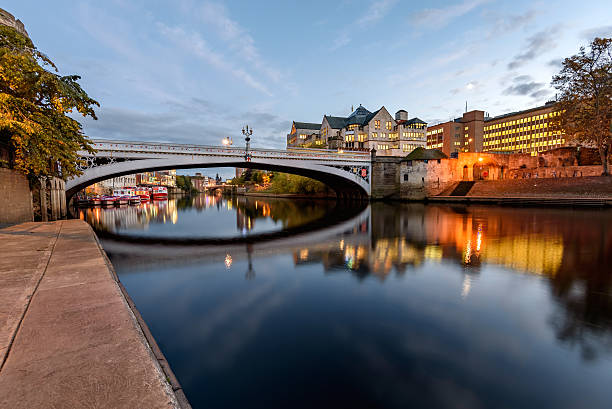 Lengal Bridge York Uk Relfection of Lendal bridge in still water of River Ouse, York, England. ouse river photos stock pictures, royalty-free photos & images