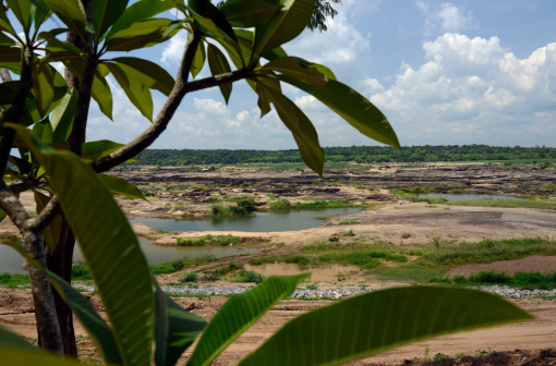 The stone landscape in the Mekong River of the Sam Phan Bok Nature Park near Lakhon Pheng on the Mekong River in the province of Amnat Charoen northwest of Ubon Ratchathani in northeastern Thailand in South-East Asia.