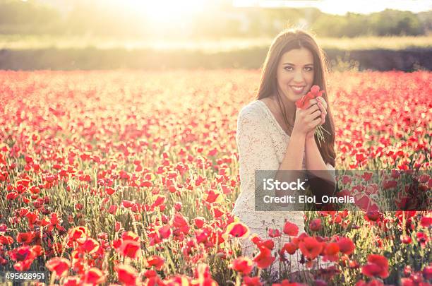 Sunny Crouched Girl Poppies Right Happy Brunette Sun Yellow Bokeh Stock Photo - Download Image Now