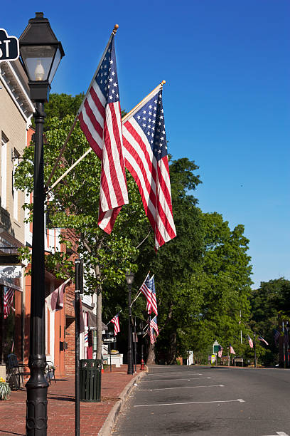 istock Flags on main street in Warrenton, Virginia 495629447