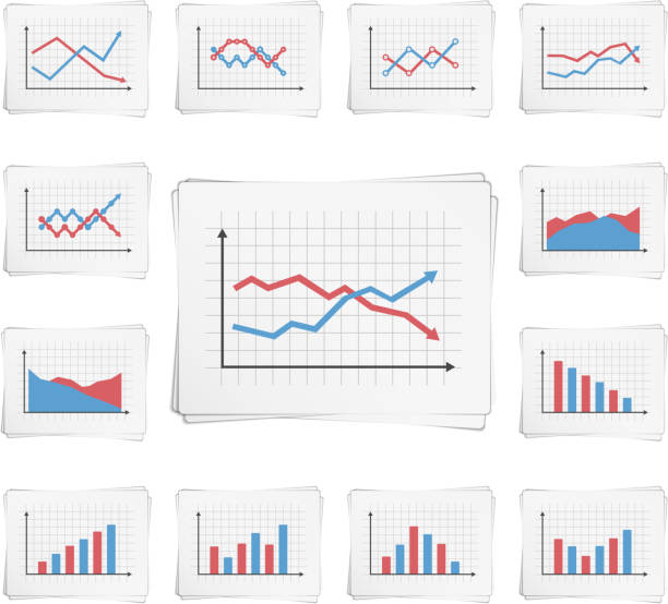 Charts Papers with different graphs and charts, vector eps10 illustration line graph stock illustrations