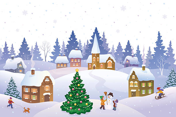 ilustrações de stock, clip art, desenhos animados e ícones de paisagem de natal - christmas snow child winter