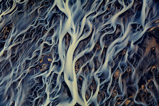 An aerial view of a river delta in Iceland.
