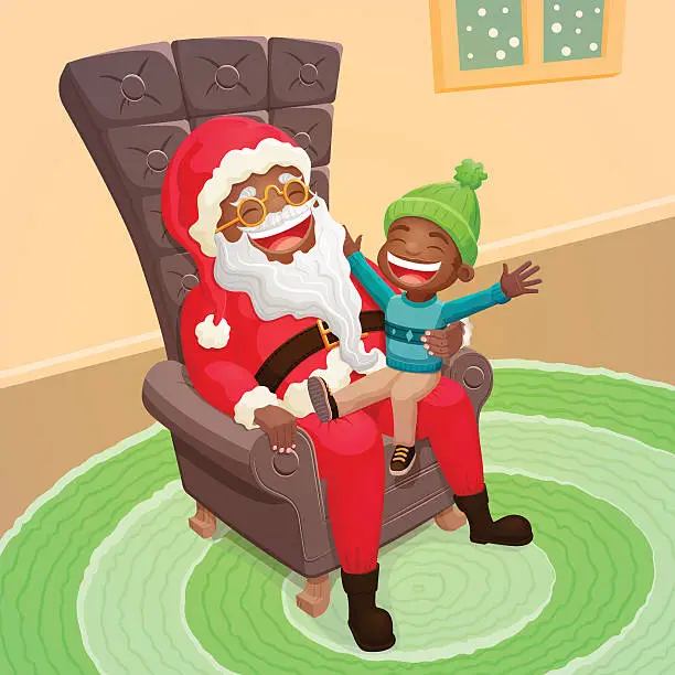 Vector illustration of Little boy asking Santa Claus for a big present