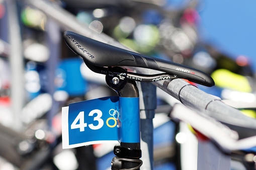 Stockholm, Sweden - August 22, 2015: Close-up of a bicycle saddle on a triathlete bicycle in the Women's ITU World Triathlon series event August 22, 2015 in Stockholm, Sweden