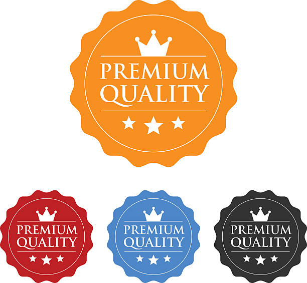 ilustrações, clipart, desenhos animados e ícones de selo de qualidade premium plana ícone ou um rótulo - quality certification