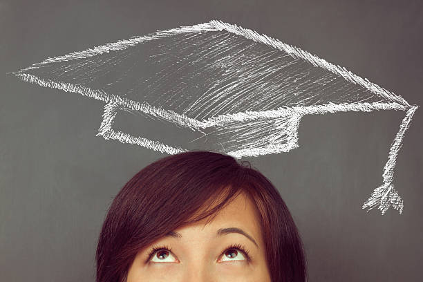 istock Woman looks up on drawing educational hat 495648653