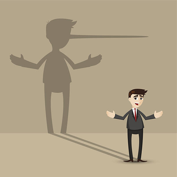 cartoon businessman with long nose shadow on wall illustration of cartoon businessman with long nose shadow on wall in lying concept pinocchio illustrations stock illustrations