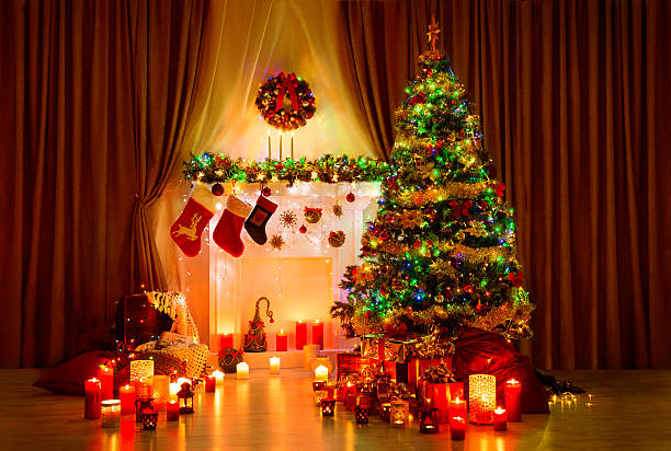 istock Christmas Tree Room, Xmas Home Night Interior, Fireplace Lights Decoration 495649650