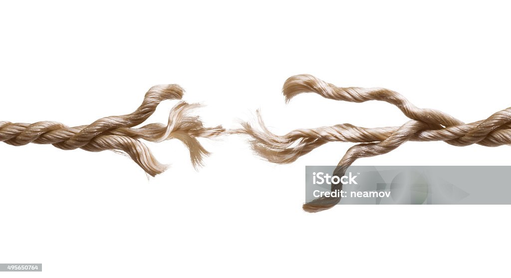 Frayed rope isolated Close up of a breaking rope on white Rope Stock Photo