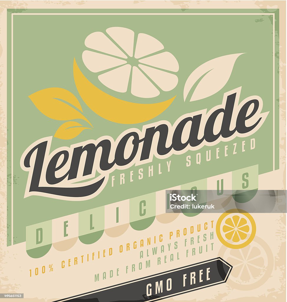 Lemonade Retro poster design for ice cold lemonade. Vintage label for gmo free organic fruit product. Old-fashioned stock vector
