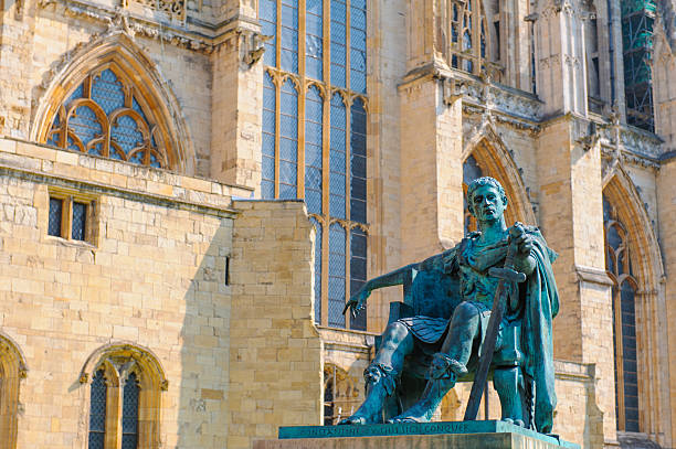 A HDR image of a large bronze sculpture of the 4th-century Roman Emperor Constantine, located outside York Minster, UK.