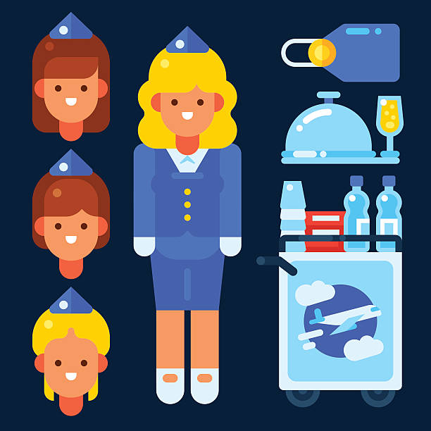 Stewardess Stewardess and her stuff. Vector flat illustration. Isolated objects. oxygen mask plane stock illustrations