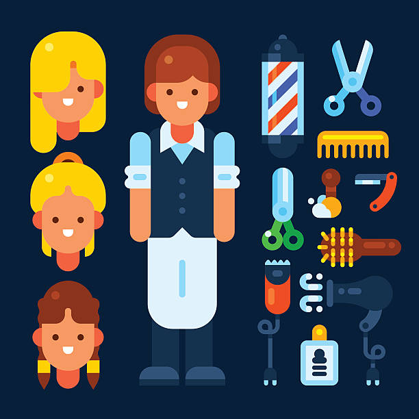 Professional Hairdresser Professional hairdresser and her stuff. Vector flat illustration. Isolated objects. human hair comb combing cartoon stock illustrations