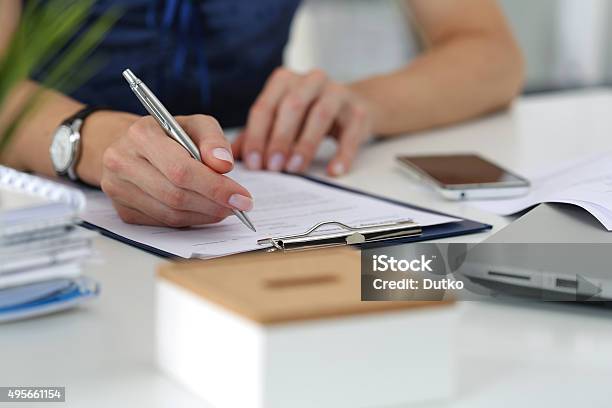 Closeup Of Female Hands Working At Office Stock Photo - Download Image Now - Privacy, Bank Statement, Document