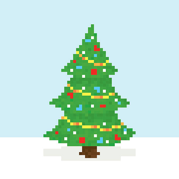 Pixel art christmas tree vector postcard Pixel art sryle merry christmas tree vector postcard nerd stock illustrations