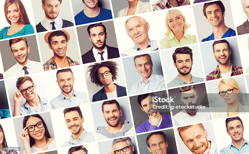 All about people. Collage of diverse multi-ethnic and mixed age people expressing different emotions Image Montage Stock Photo