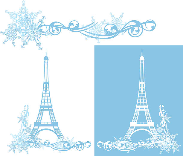 winter season eiffel tower eiffel tower among snowflakes - vector design elements collection eiffel tower winter stock illustrations