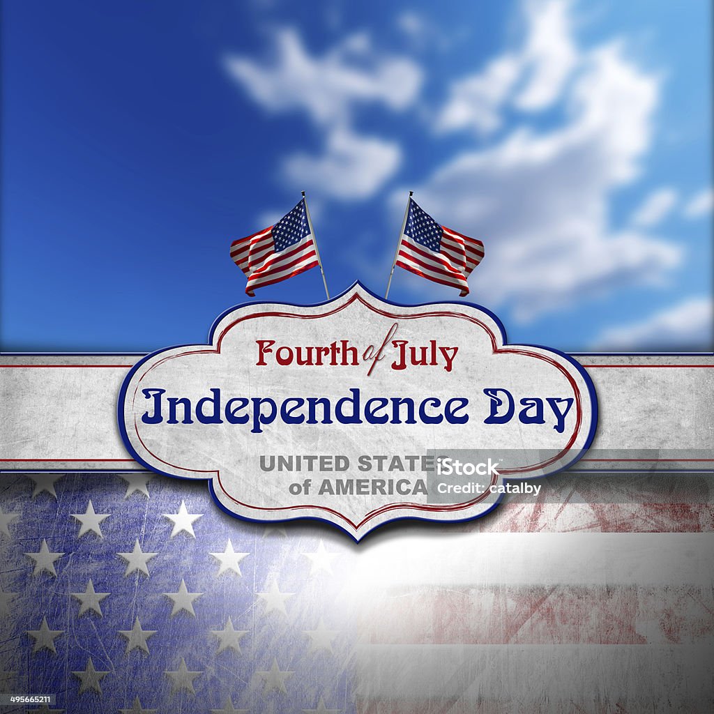 Vintage Fourth of July Independence Day Vintage background with US flags, blurred blue sky, label and phrase Circa 4th Century Stock Photo