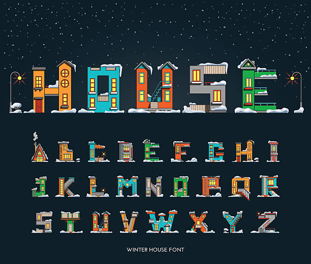 alphabet cartoon winter house, font vector alphabet in the form of houses with winter surroundings, environment, font houses. preschool building stock illustrations