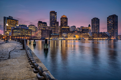 Apartments and offices line the waterfront of Boston's Harbour