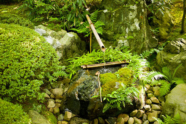 A top-down, minimalist photograph of a single, moss-covered rock placed in a bed of finely raked white and grey gravel, evoking a sense of calm and zen.