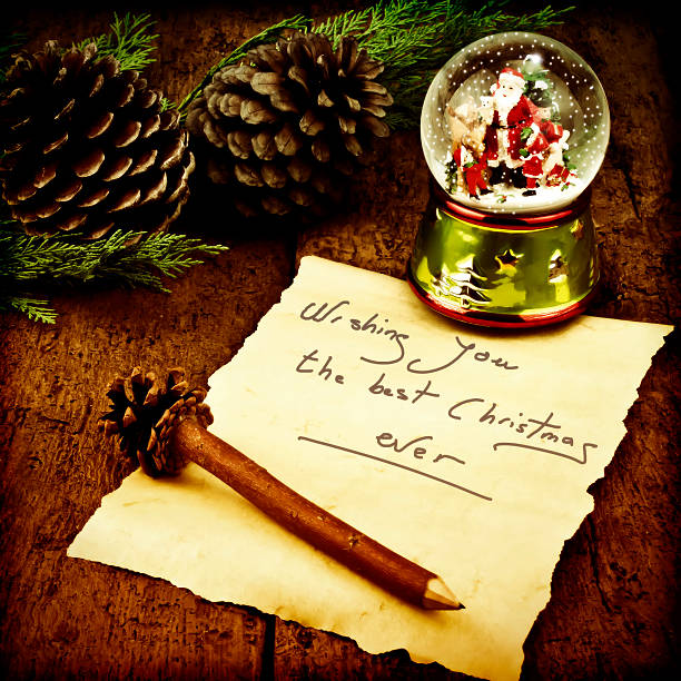 Postcard Christmas greetings with written message, Santa snow ball