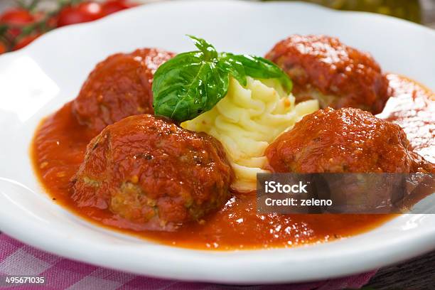 Meatballs And Mashed Potato Stock Photo - Download Image Now - Basil, Beef, Boiled