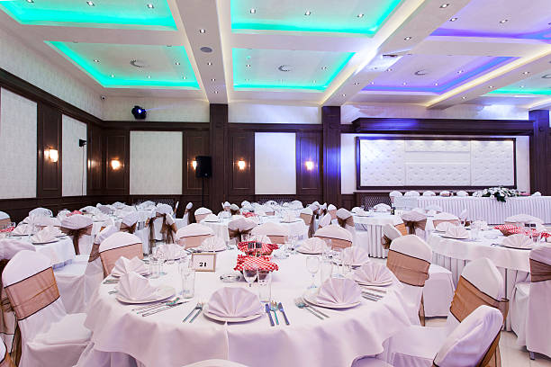 istock Banquet hall with colorful lights 495672323
