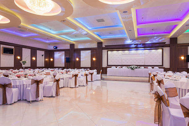 istock Banquet hall with colorful lights 495672331