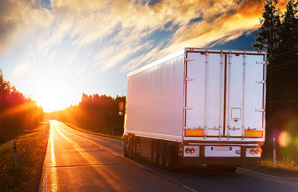 blanco sobre un camión en la carretera de noche polar - freight transportation driving truck highway fotografías e imágenes de stock