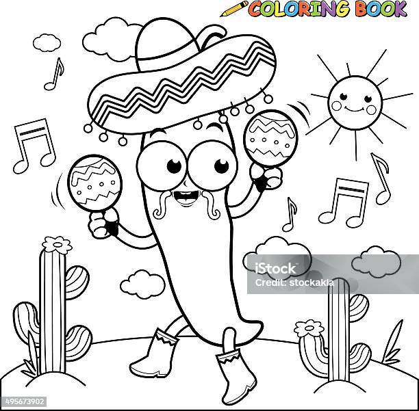 Mariachi Chilli Pepper With Maracas Coloring Page Stock Illustration - Download Image Now - Mexican Culture, Mexico, Page