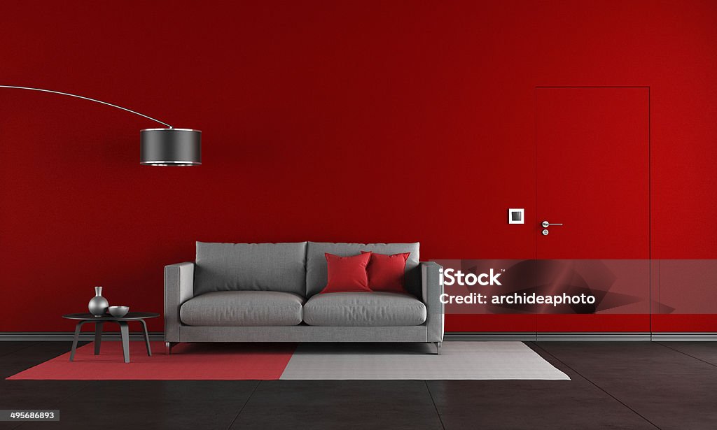 Red and black living room Red and black living room with modern sofa and door - rendering Red Stock Photo