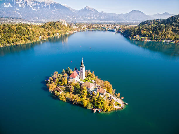 istock Lake Bled with the Bled island from above 495689430
