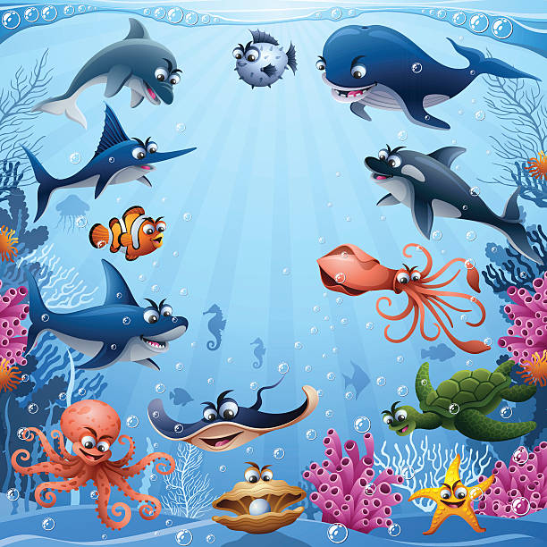 ilustraciones, imágenes clip art, dibujos animados e iconos de stock de los animales al mar - dolphin animal sea underwater