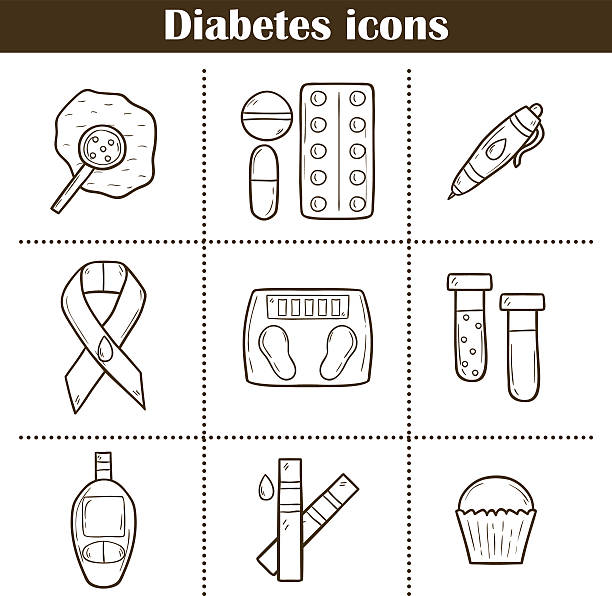 illustrazioni stock, clip art, cartoni animati e icone di tendenza di icone di diabete disegno a mano - blood sugar test examining instrument of measurement diabetes