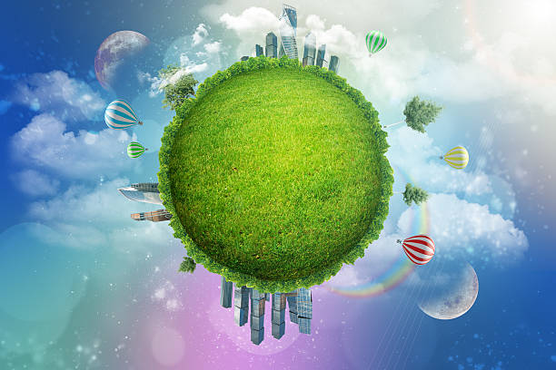 istock Green globe with city and rainbow 495692156